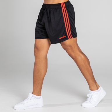 Black/Red Men's Mourne Shorts with 3 stripe detail on side of legs by O'Neills. 