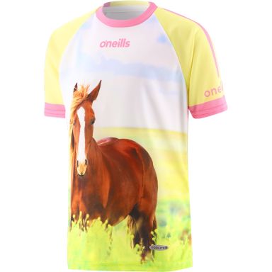 Yellow Women’s Elegance O’Neills ploughing jersey with image of a horse on the front and back.
