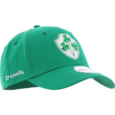 Green Kids’ Conor Ireland Rugby Baseball Cap with shamrock crest on the front by O’Neills. 
