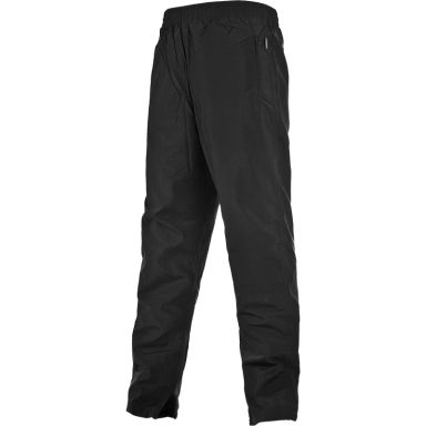 Black men’s woven tracksuit bottoms with lower leg zips and elasticated waistband by O’Neills.