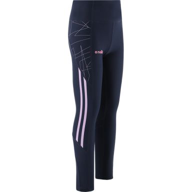 Marine Kids’ full length leggings with Pink and Purple  stripes and mesh panels on lower leg by O’Neills.