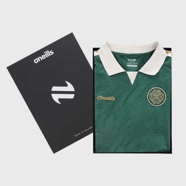 Bottle / Gold / White O’Neills Éireann Long Sleeve Retro Celtic Jersey with woven crest packaged in a gift box by O’Neills.
