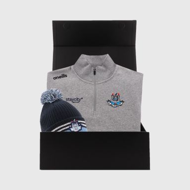 Dublin GAA Gift Box with Dublin GAA half zip fleece and bobble hat packaged in a gift box by O’Neills.