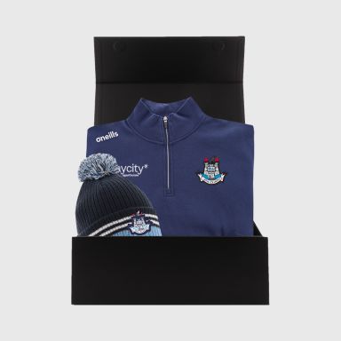 Dublin GAA Gift Box with Dublin GAA half zip fleece and bobble hat packaged in a gift box by O’Neills.