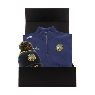 Offaly GAA Gift Box with Template GAA half zip fleece and bobble hat packaged in a gift box by O’Neills.