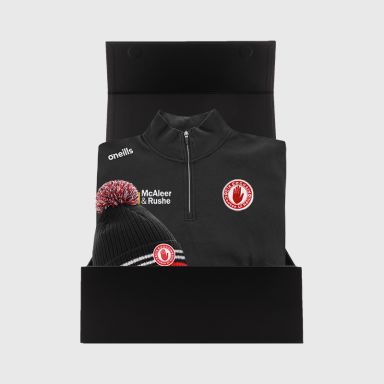 Tyrone GAA Gift Box with Tyrone GAA half zip fleece and bobble hat packaged in a gift box by O’Neills.
