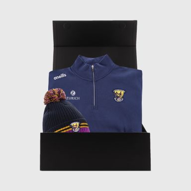 Wexford GAA Gift Box with Wexford GAA half zip fleece and bobble hat packaged in a gift box by O’Neills.