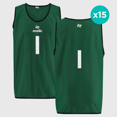 Green black white O'Neills Flex Single Mesh Numbered Training Bibs 15 Pack, numbered 1-15. 
