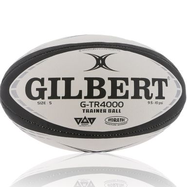 white and black Gilbert rugby training ball, hand stitched, waterproof and features new grip technology from O'Neills