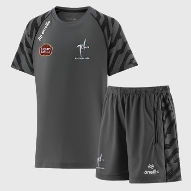 Grey O’Neills Kids' Kildare GAA Electro Two Piece Set including Short Sleeve T-Shirt and Shorts.