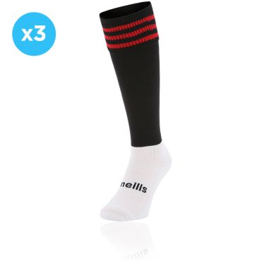 Black and Red knee high sports socks 3 Pack with seamless toe and cushioned soles by O’Neills.