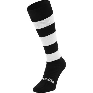 White/ Black Koolite Max Elite Long Sports Socks with hooped design and turnover top by O’Neills. 