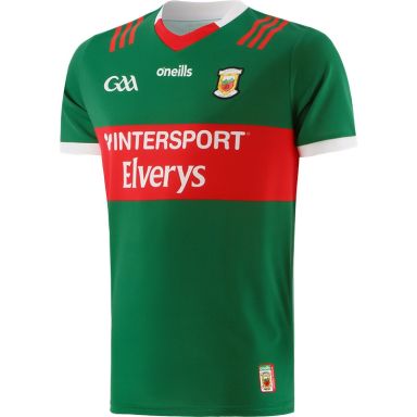 Green and red Mayo GAA home jersey 2023 with Elverys and Portwest sponsor logos by O’Neills.