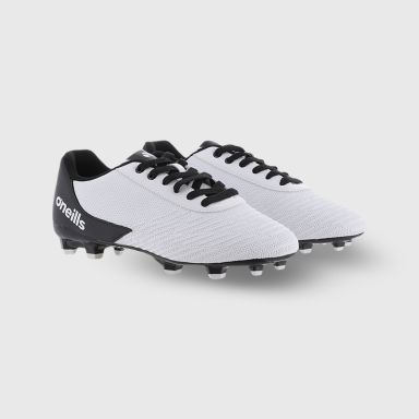 white and black O’Neills Meteor Youth football boots with moulded studs and lace closure by O’Neills.