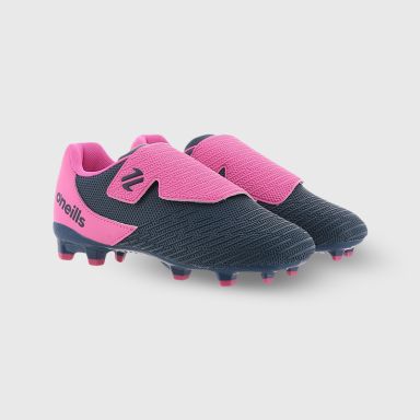 Marine and Pink O’Neills Meteor Junior football boots with moulded studs and Velcro closure by O’Neills.