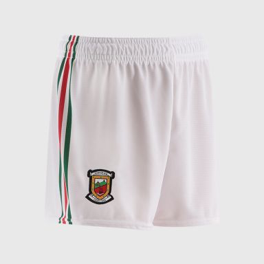 White Mayo GAA Home Shorts with stripe detail on leg by O’Neills.