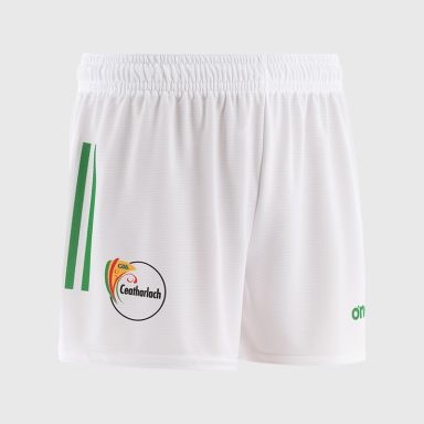 White Carlow GAA Kids' Home Shorts with stripe detail on leg by O’Neills.