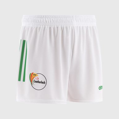 White Carlow GAA Men's Home Shorts with stripe detail on leg by O’Neills.