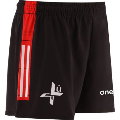 Black Louth GAA Kids' Goalkeeper Shorts with 3 stripe detail on leg by O’Neills.