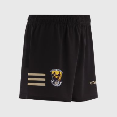 Black/Gold Wexford GAA Men's Training Shorts with stripe detail on leg by O’Neills.