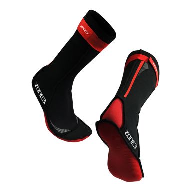 black and red Zone3 neoprene swim socks with longer length and a velcro strap from O'Neills