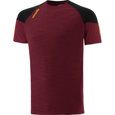 Maroon men's t-shirt with crew neck and stripes on sleeves by O’Neills.