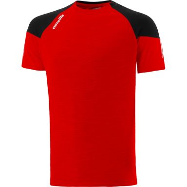 Red men's t-shirt with crew neck and stripes on sleeves by O’Neills.