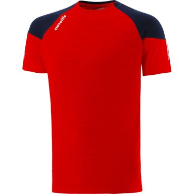 Red men's t-shirt with crew neck and stripes on sleeves by O’Neills.