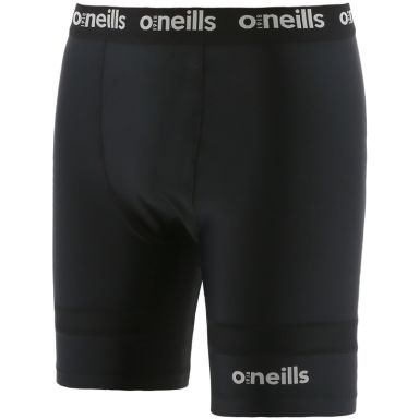 Black men’s base layer compression shorts with O’Neills branded elasticated waistband and mesh panels by O’Neills.