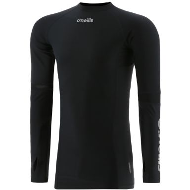 Black men’s base layer compression long sleeve top with O’Neills branding on left arm and mesh panels by O’Neills.