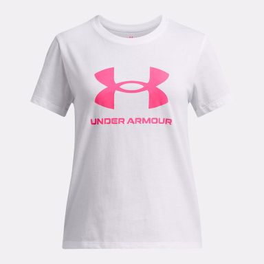 White and Pink Under Armour Kids' UA Big Logo T-Shirt Prime Pink from O'Neills