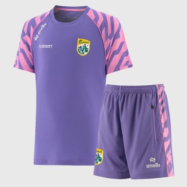 Purple O’Neills Kids' Kerry GAA Electro Two Piece Set including Short Sleeve T-Shirt and Shorts.
