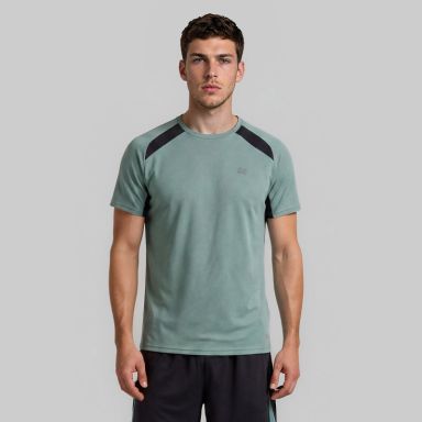 Green O’Neills Men’s Raptor T-Shirt with short sleeves and contrast pinhole texture panels