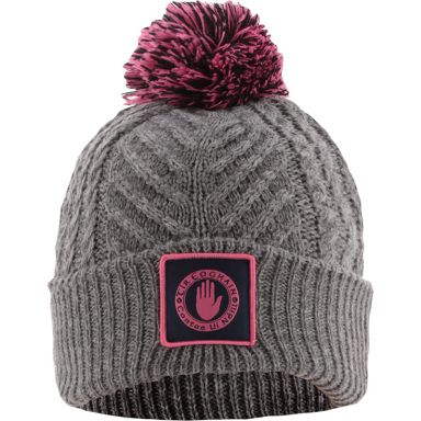 Grey and pink Tyrone GAA Ruby Bobble Hat Grey with county crest by O’Neills.