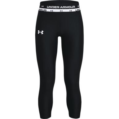 Black Under Armour kids' girls 3/4 cropped leggings with logo waistband from O'Neills.