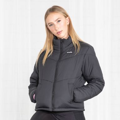 Black Women’s boxy puffer jacket with side pockets and adjustable hem with toggle by O’Neills. 