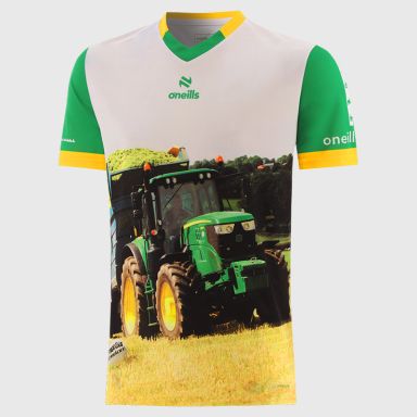 Men's Green Day O’Neills ploughing jersey with image of green tractor and O’Neills ball on the front.