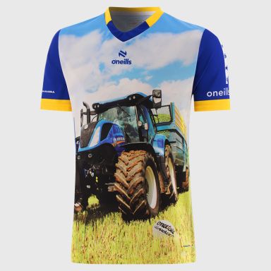 Better in Blue O’Neills ploughing jersey with image of a large blue tractor and O’Neills ball on the front.