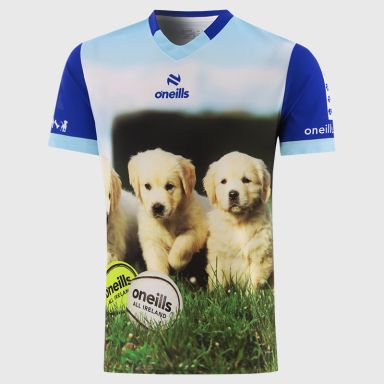 Blue Men's Pup Fada O’Neills ploughing jersey with image of puppies and O’Neills Sliotars.