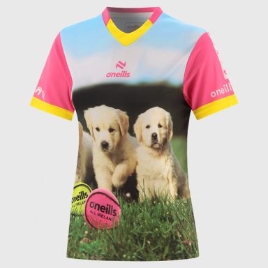 Pink Women's Pup Fada O’Neills ploughing jersey with image of puppies and O’Neills Sliotars.