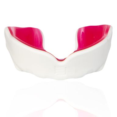 white and pink Makura mouthguard with a shokbloker outer from O'Neills
