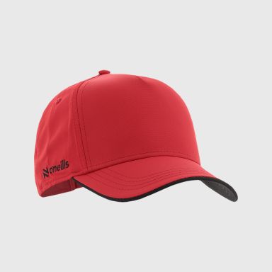 Red kids’ baseball cap with protective peak and Black O’Neills embroidered logo on the side.