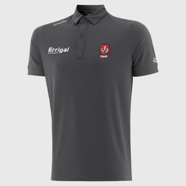 Dark Grey O’Neills Derry GAA Men’s Surge Soft Touch Polo Shirt with a classic collar and button placket