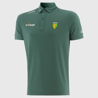 Green O’Neills Donegal GAA Men’s Surge Soft Touch Polo Shirt with a classic collar and button placket