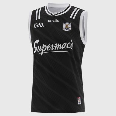 Black Galway GAA Goalkeeper Vest 2025 with ribbed crewneck by O’Neills.