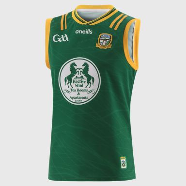 Green Meath GAA Home Vest 2025 with ribbed crewneck by O’Neills.