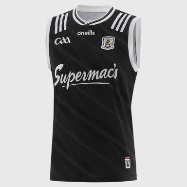 Black Galway GAA Goalkeeper Vest 2025 with ribbed crewneck by O’Neills.