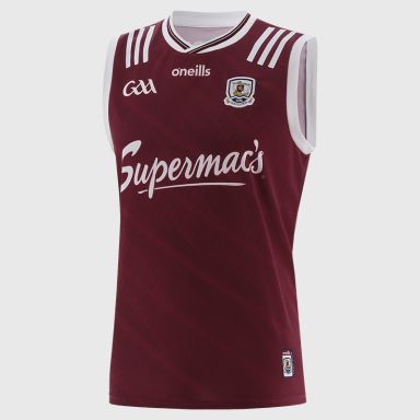 Maroon Galway GAA Men's Stripe Home Vest 2025 with ribbed crewneck by O’Neills
