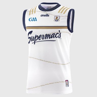 White Galway GAA Commemoration Goalkeeper Vest 2024 with ribbed crewneck by O’Neills.