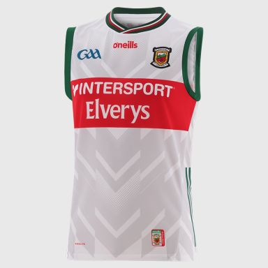 White Mayo GAA Goalkeeper Vest 2025 with ribbed crewneck by O’Neills.